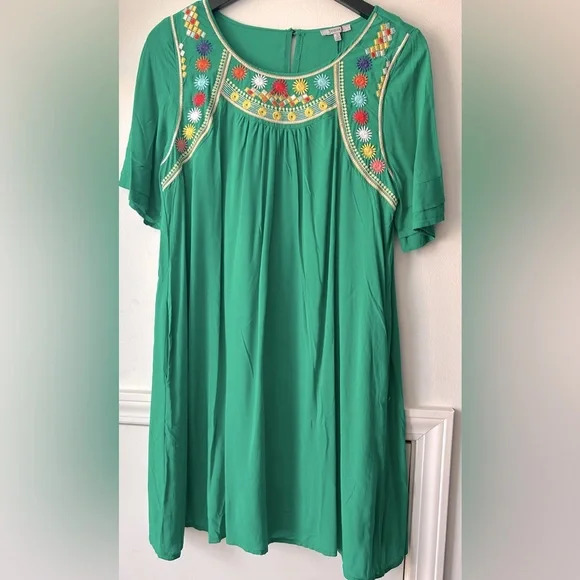 jodifl green dress Jodifl Green Appliqué Dress with Periwinkle Detail Large main image 1